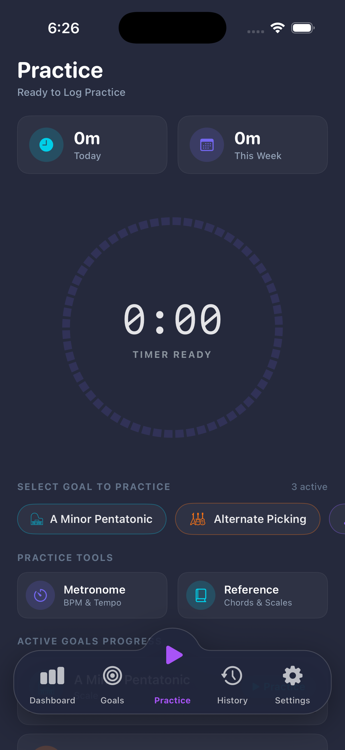 Practice Session Tracker Screen